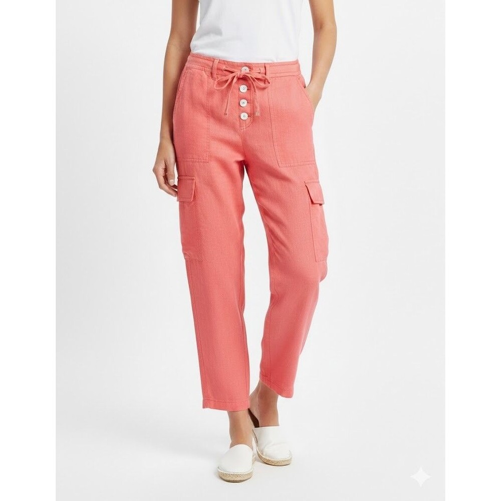 Express Women's Coral Pink 100% Linen Cargo Pants - Size 1/2